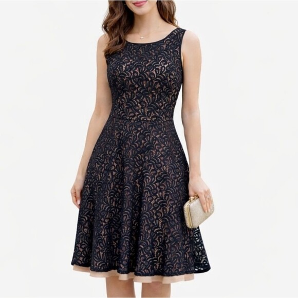 9 & Co. Dresses & Skirts - Lace Overlay Knee Length Date Night Dress Whimsigoth Balletcore Black Tan Size 6